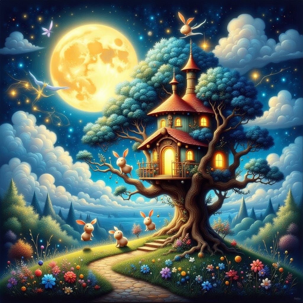 Whimsical Treehouse & Bunnies Under Full Moon
