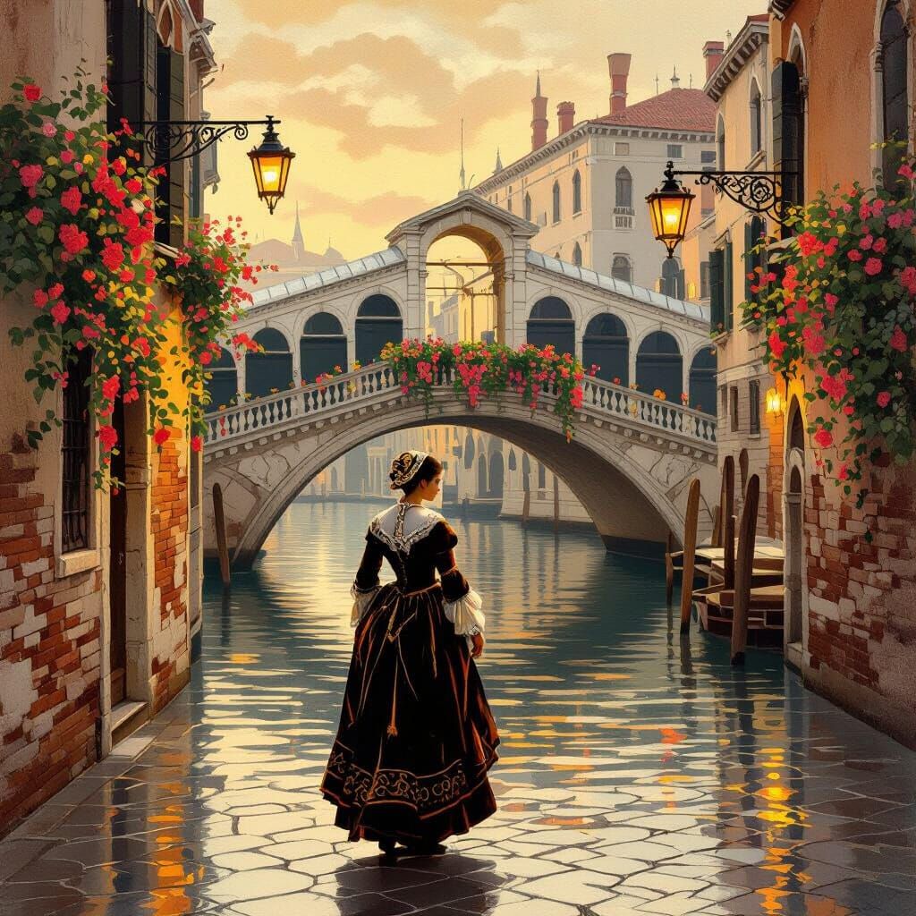 Venetian Woman on Cobblestone Street in Golden Light