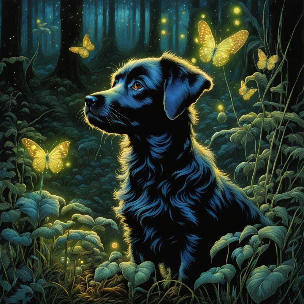 Curious puppy in night forest