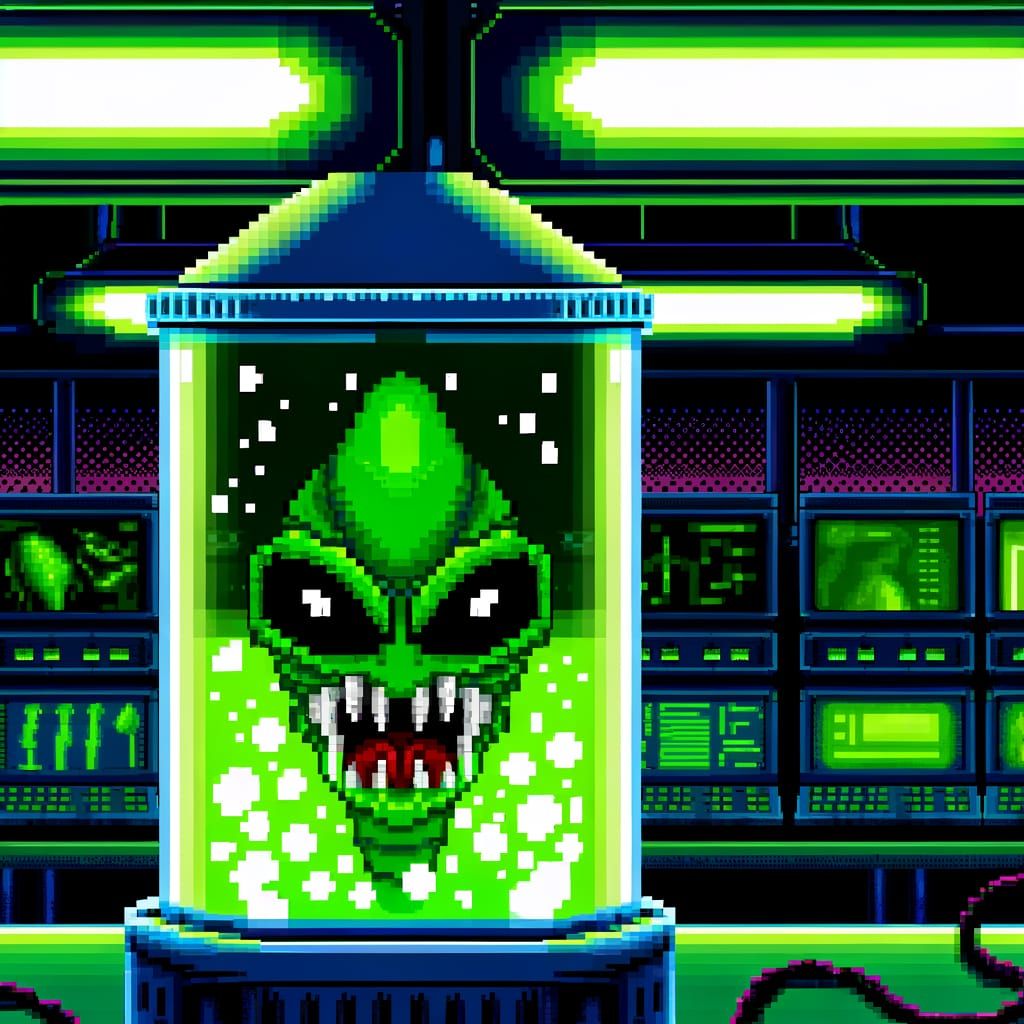 Menacing Green Alien in 16-bit Pixel Art Style