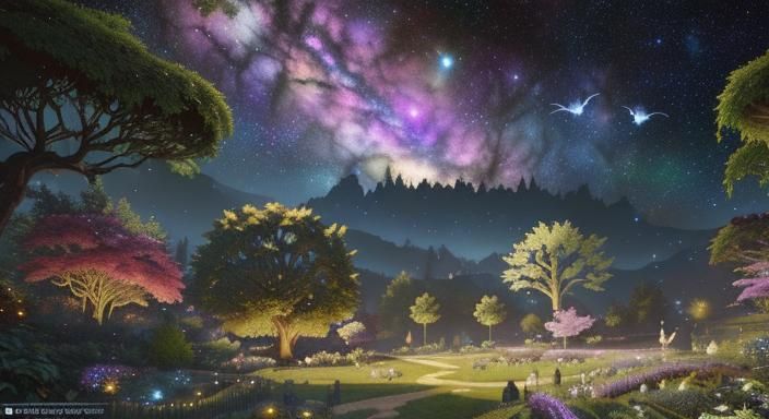Cosmic Garden: Birds Fly Under Galaxy Sky