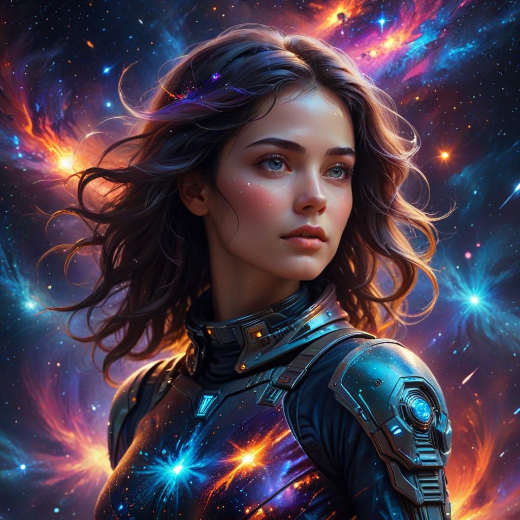 Beautiful Woman Against Galactic Swirls in Oil Painting Styl...