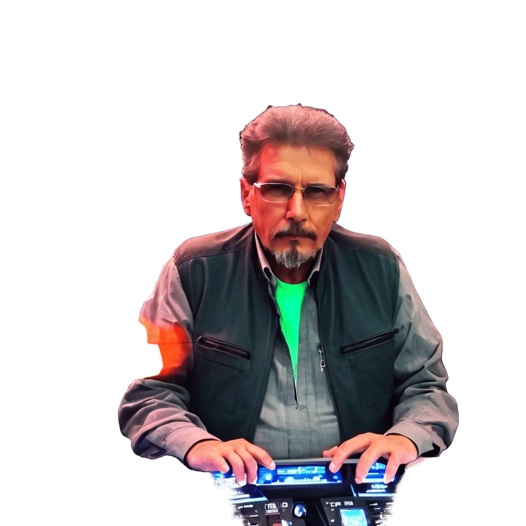 Spaceship Captain in Neon Lit Interior