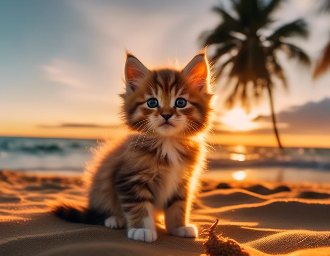 Portrait of a cute fluffy kitten on a stunning ocean beach a...