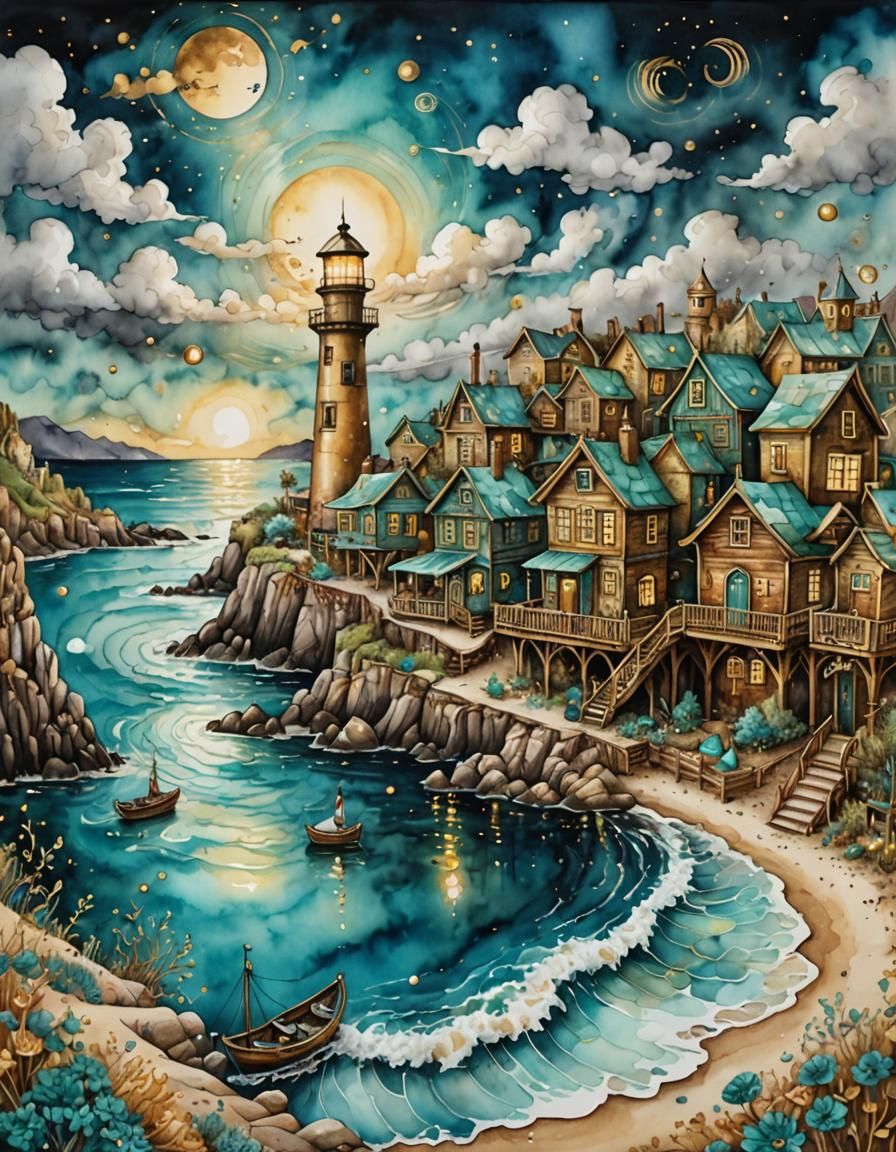 Steampunk Watercolor Village with Turquoise and Gold Accents