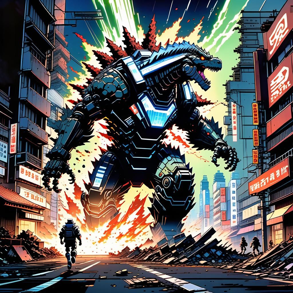 Mechagodzilla Destroys Neo-Tokyo in Anime Style
