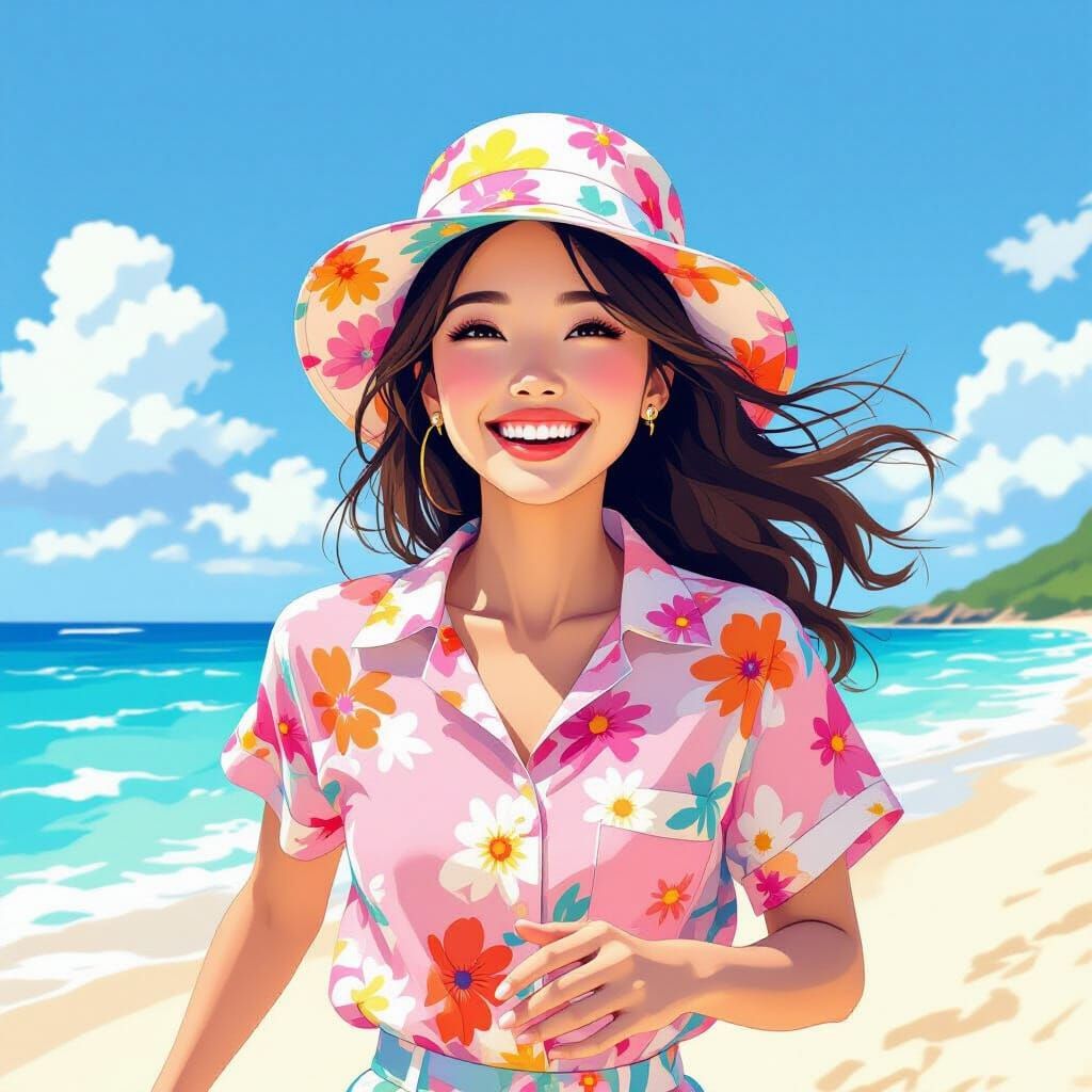 Joyful Woman on Beach in Dreamy Anime Style