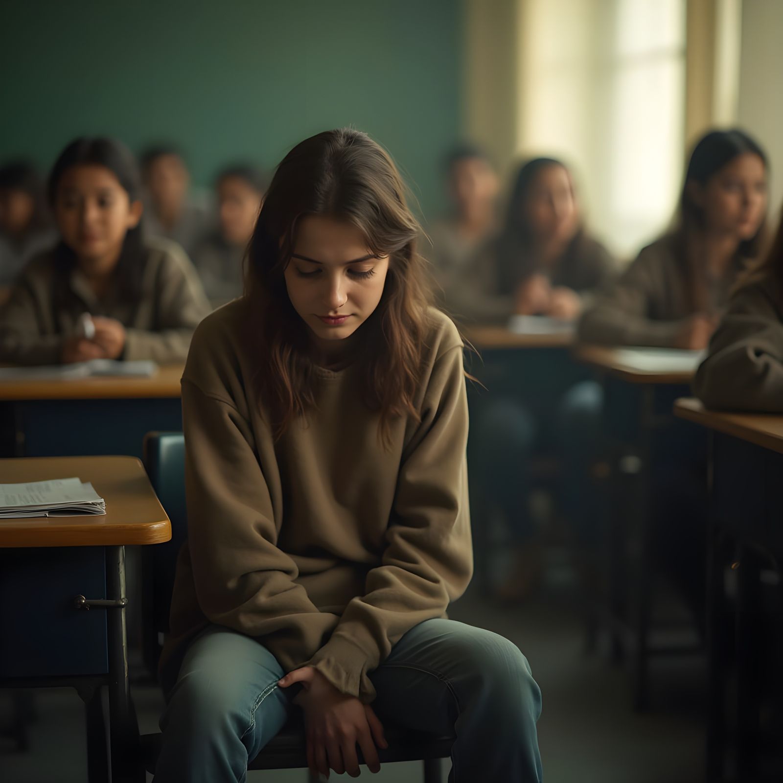 Teenage Girl Overwhelmed by Loneliness in a Busy Classroom