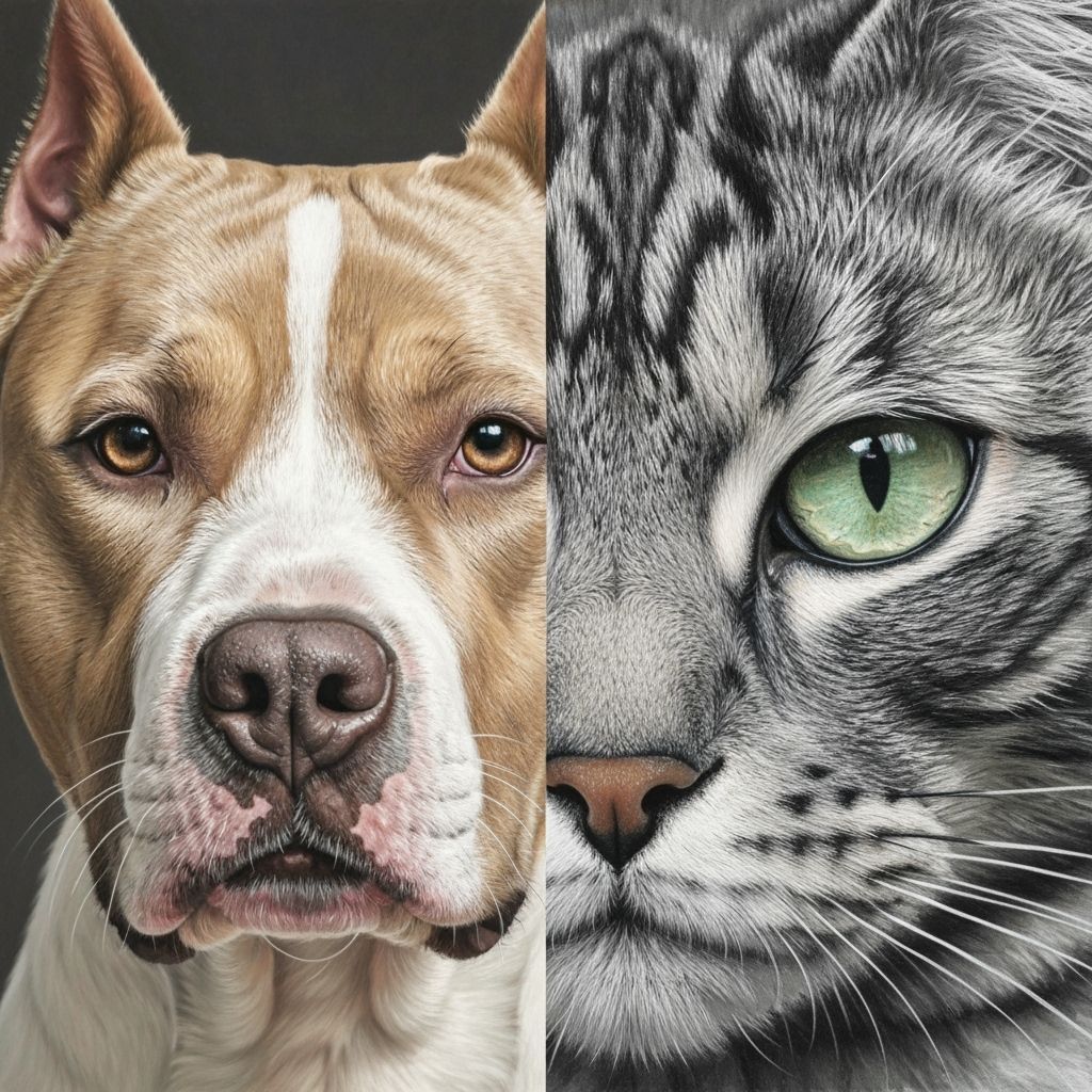 Hyperrealistic Portrait: Pitbull and Tabby Cat