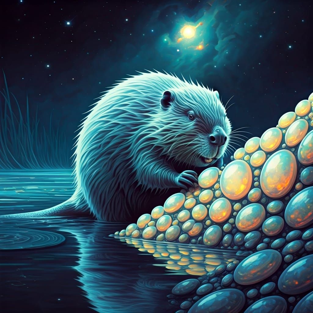 Spectral Beaver Building Opal Dam in Nebula Sky