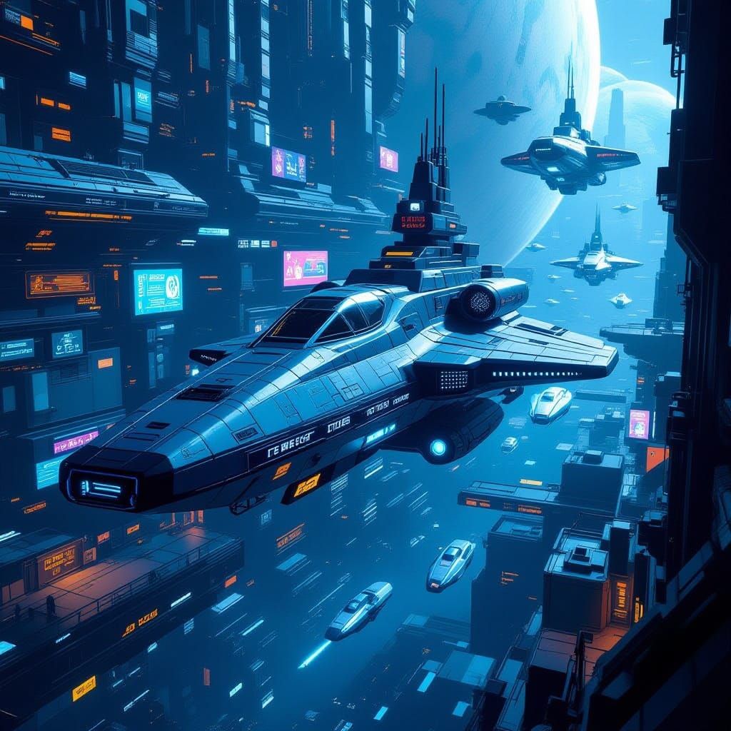 Cyberpunk Space Colony Spaceship: Detailed Matte Painting