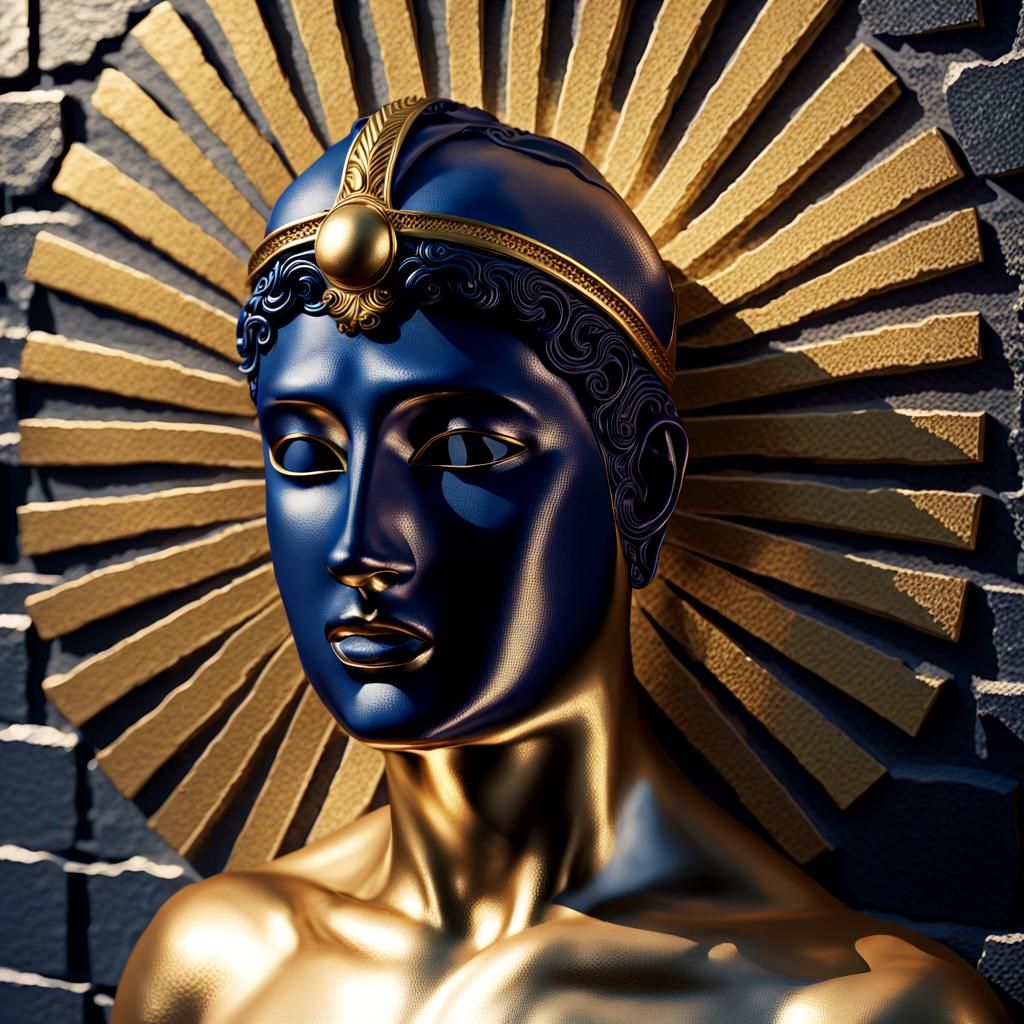 Ancient Greek Sculpture with Gold and Blue Pattern