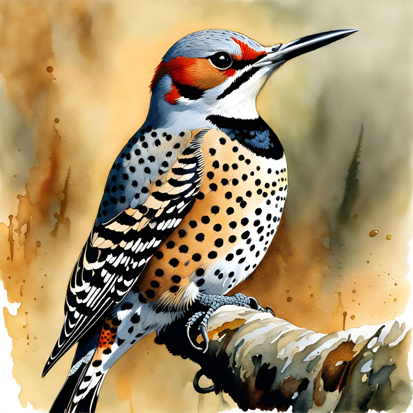 Northern Flicker Illustration in Watercolor Style