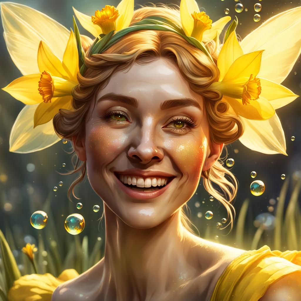 Daffodil Fairy Portrait with Flowers and Bubbles