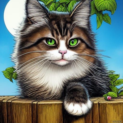 Playful Fluffy Cat in Nature: Comic Book Art