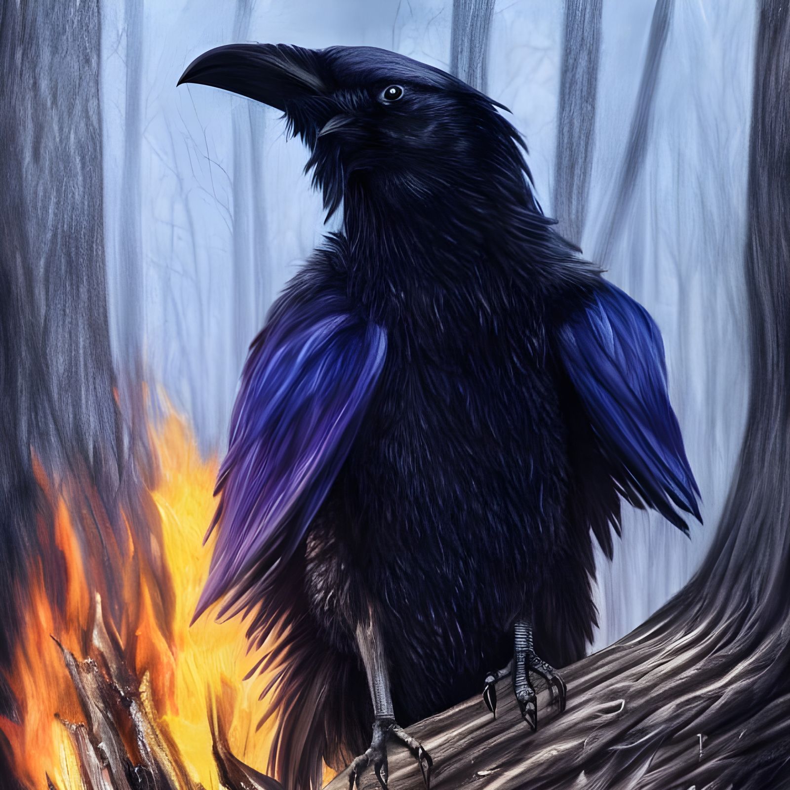 Black Raven King in Burning Forest, Fantasy Art