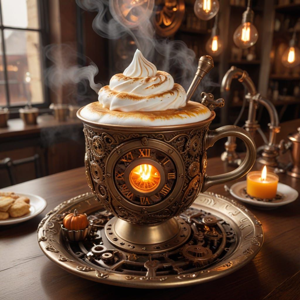 Steampunk Pumpkin Spice Latte with Clockwork Pumpkin
