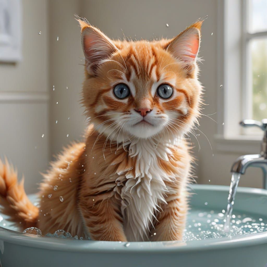 Realistic Digital Art of an Adorable Orange Kitten in a Bath...