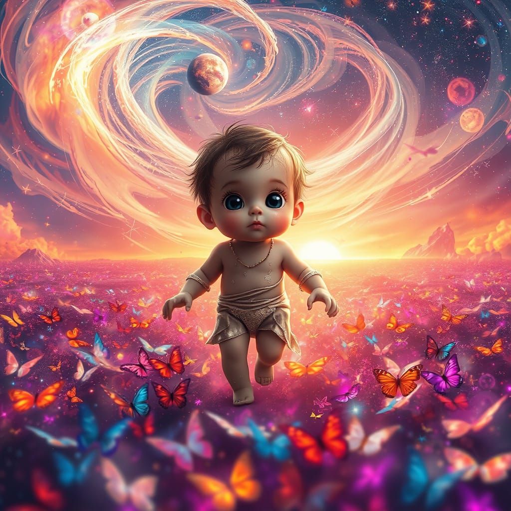 Cosmic Infant Walks Among Vibrant Butterflies