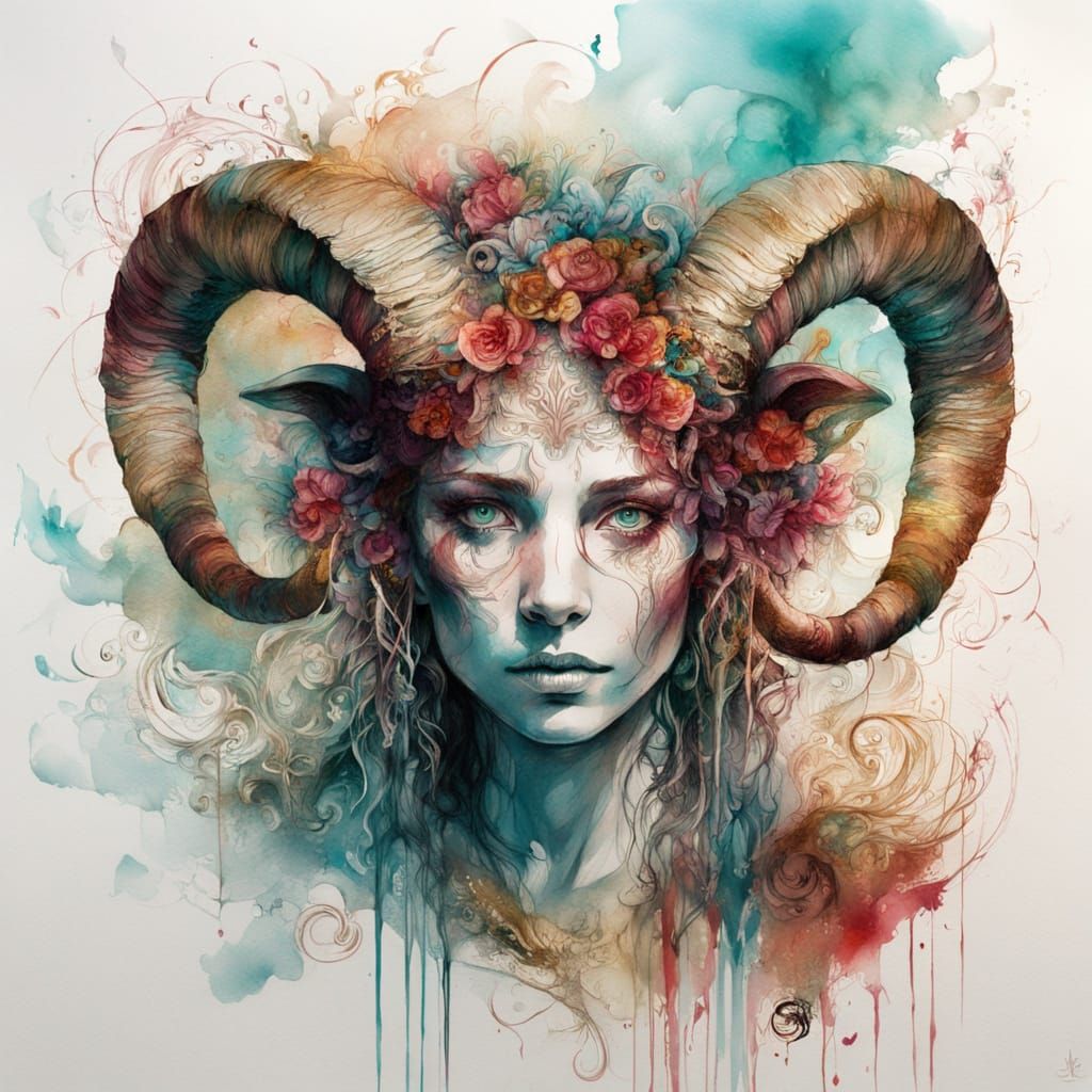 Surreal Portrait of a Woman with Twisted Horns in Watercolor...