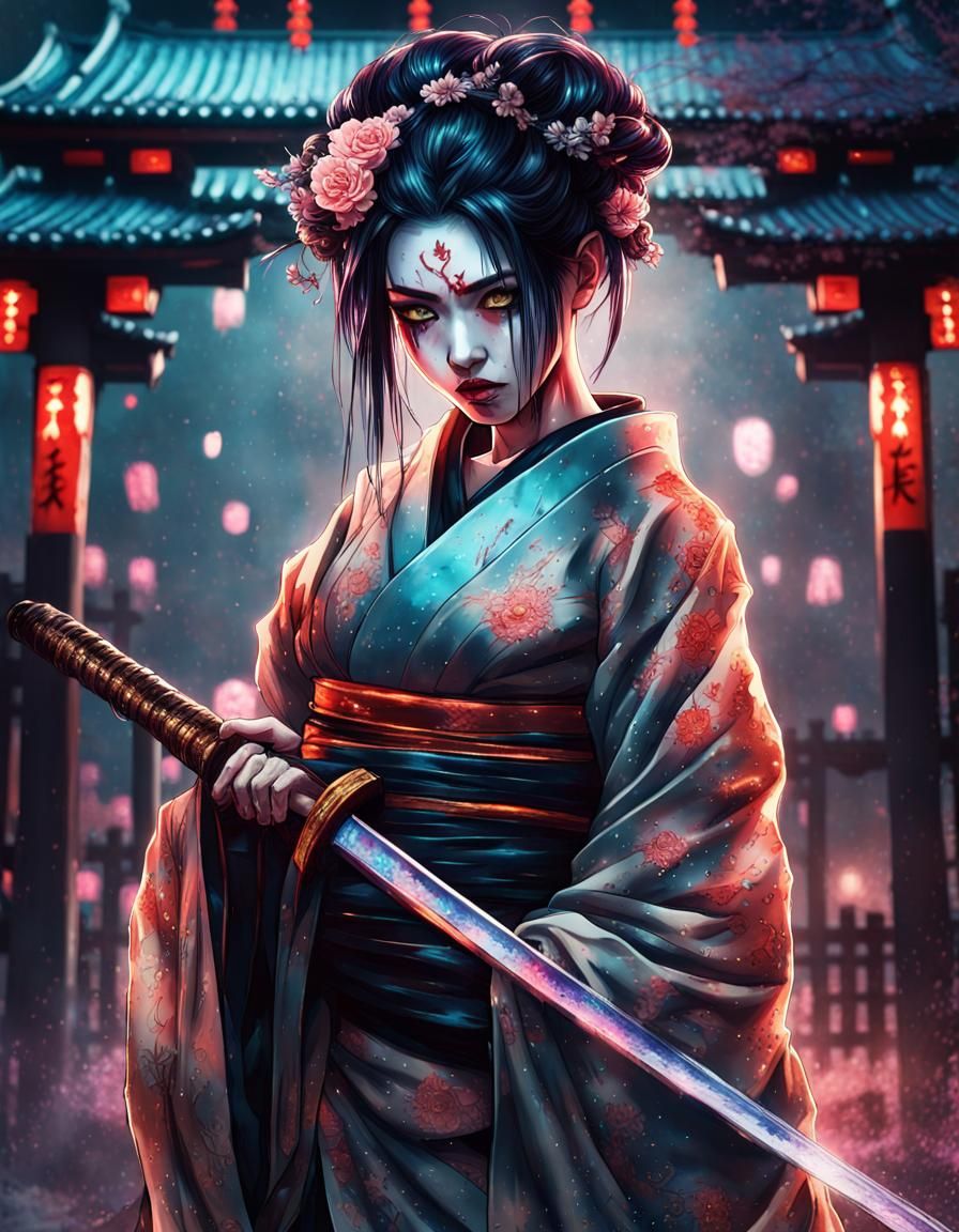 Gothic Geisha Samurai Queen with Glowing Tattoos