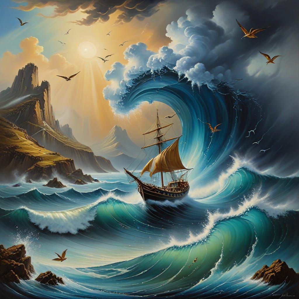 Surreal Thunderstorm Over Mountains with Waves and Birds