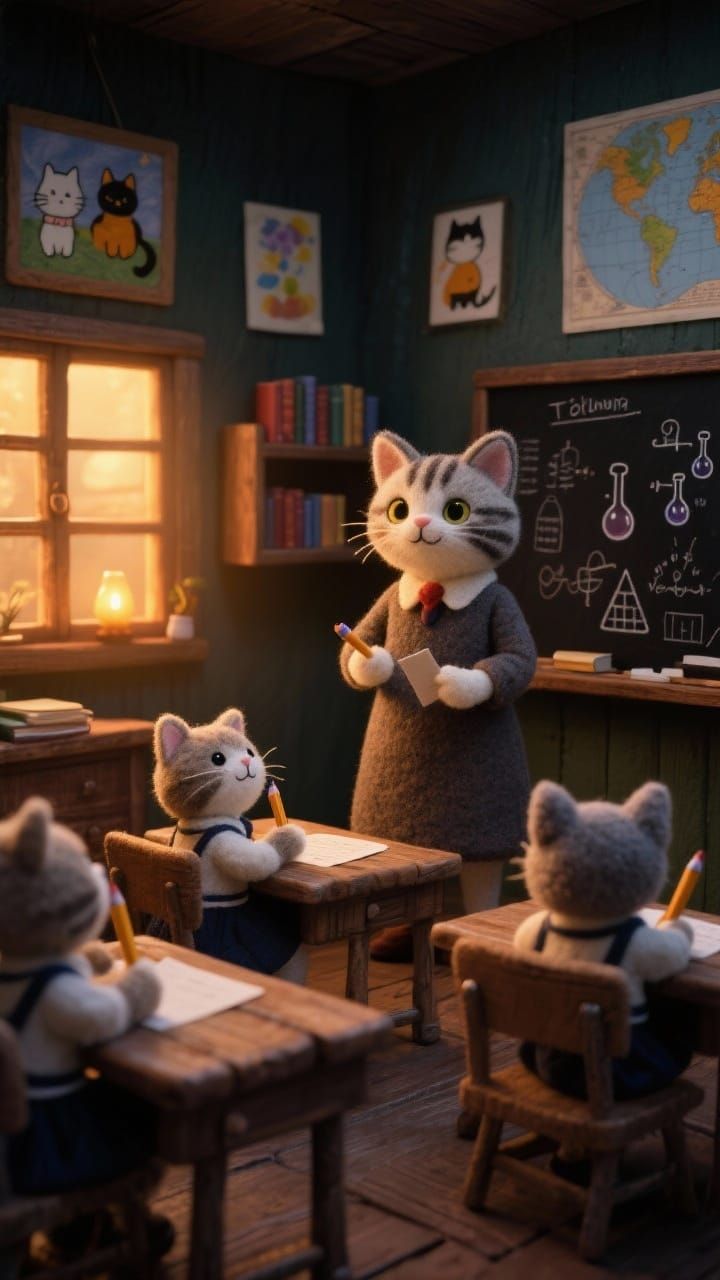 Felt Tabby Cat Teacher Educating Kittens in Magical School