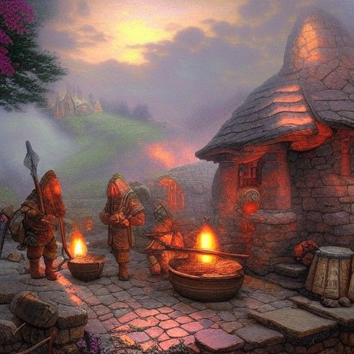 Dwarves Forging Weapons in Ethereal Fantasy Style
