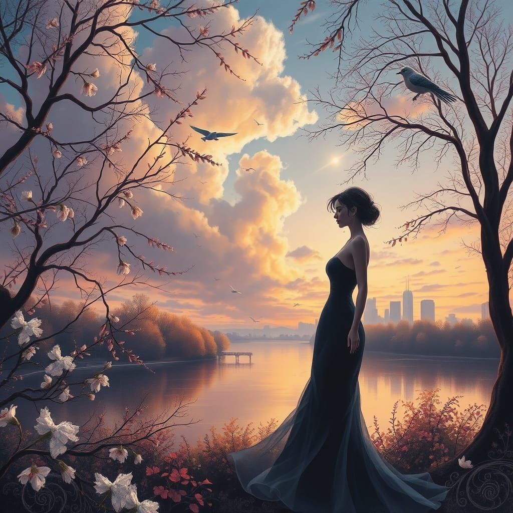 Elegant Lady in City Park at Dawn: Acrylic Painting