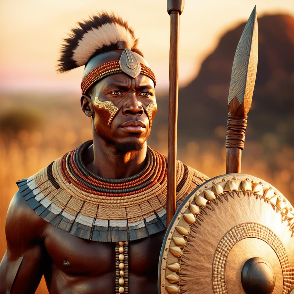 Zulu Warrior in African Savannah at Golden Hour