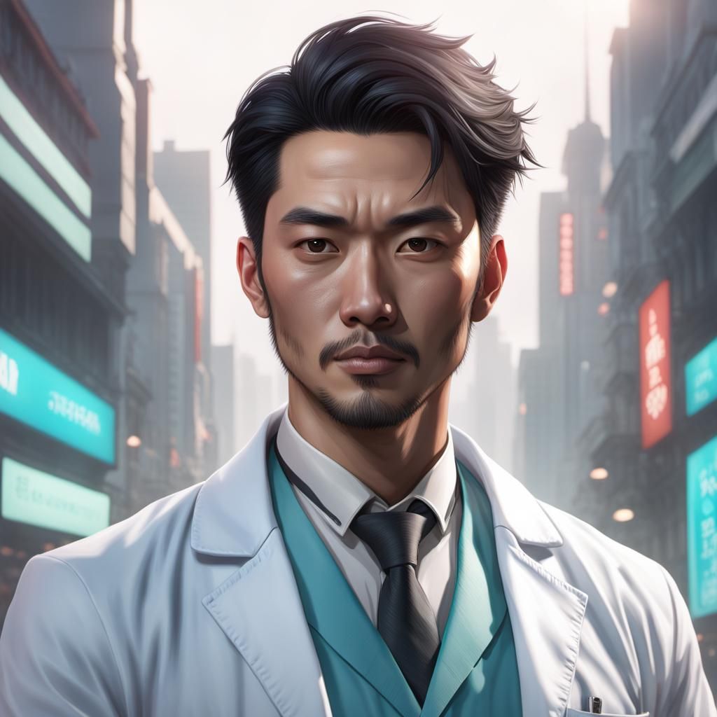 Asian Scientist Portrait in Art Nouveau Style