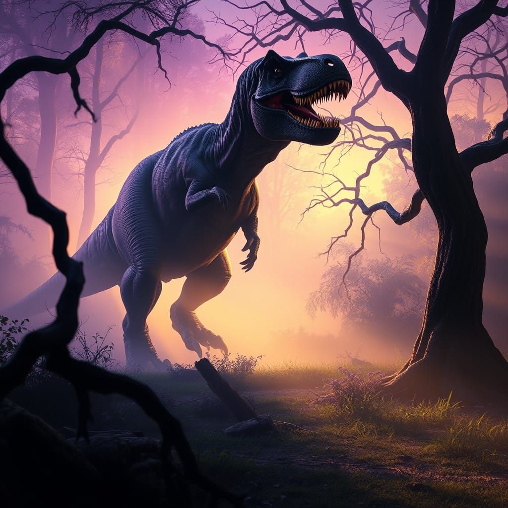 Tyrannosaurus Rex in Dark Fantasy Forest Landscape