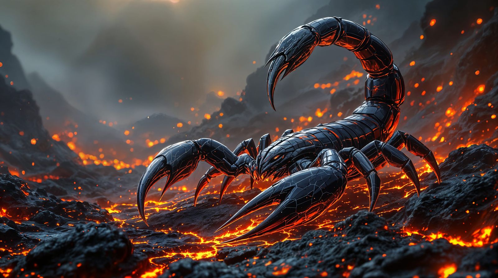 Surreal Obsidian Scorpion Amidst Volcanic Inferno