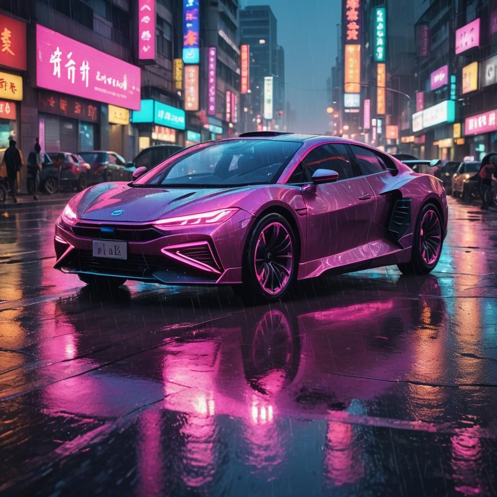 Sleek Vehicle Glides Through Neon Beijing