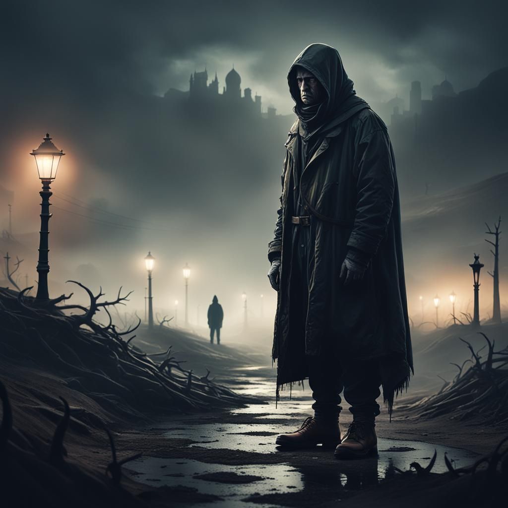 Melancholic Figure in Misty, Desolate Landscape