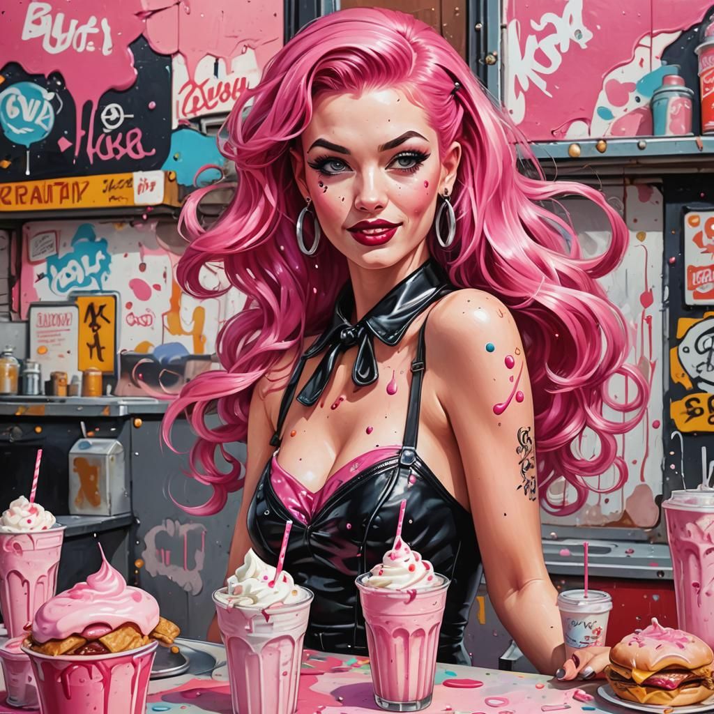 Pinup Girl with Milkshake in Graffiti Art Style