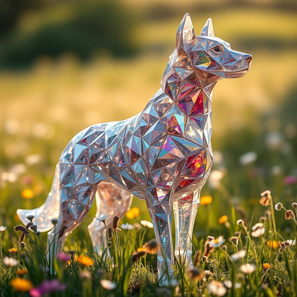 Crystalline Dog in Sun-Drenched Meadow