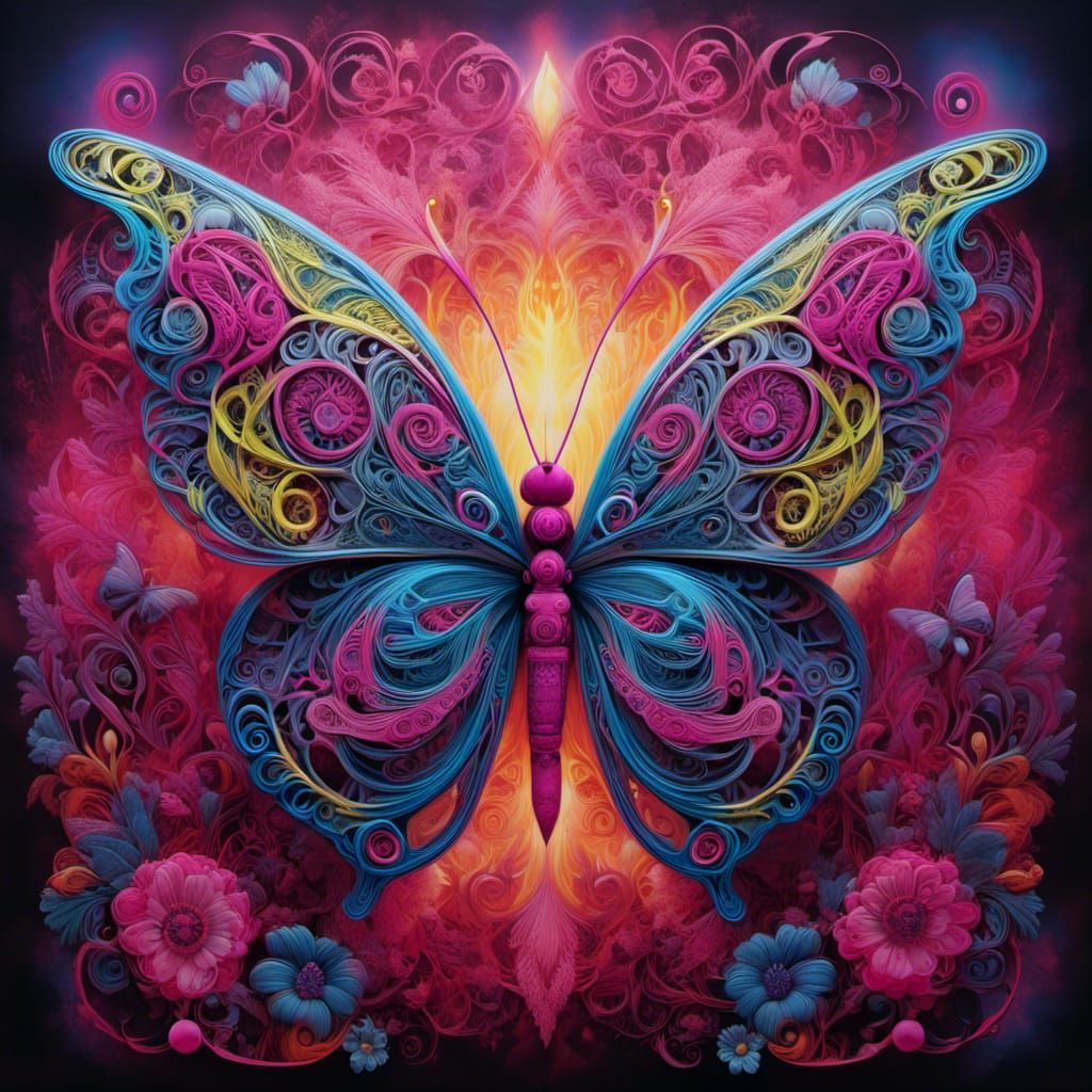 Stylistic Neon Butterfly with Intricate Light Tracing
