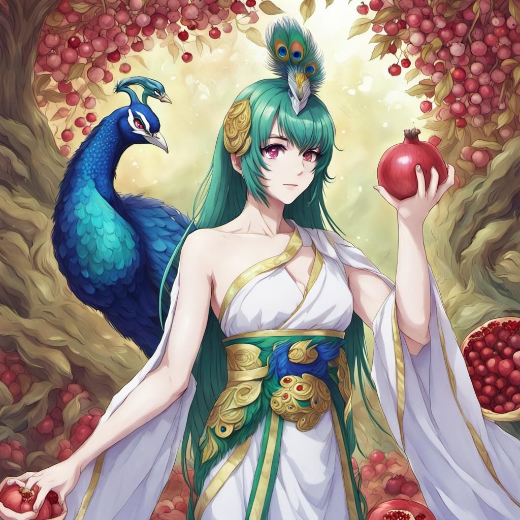 Hera with Peacock and Pomegranate in Anime Style