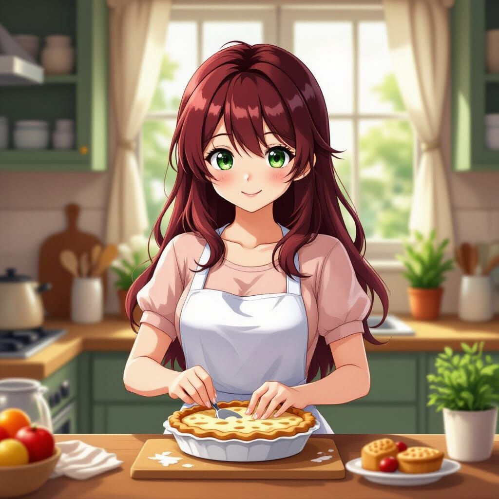 Crimson-Haired Anime Woman Baking in Cozy Kitchen