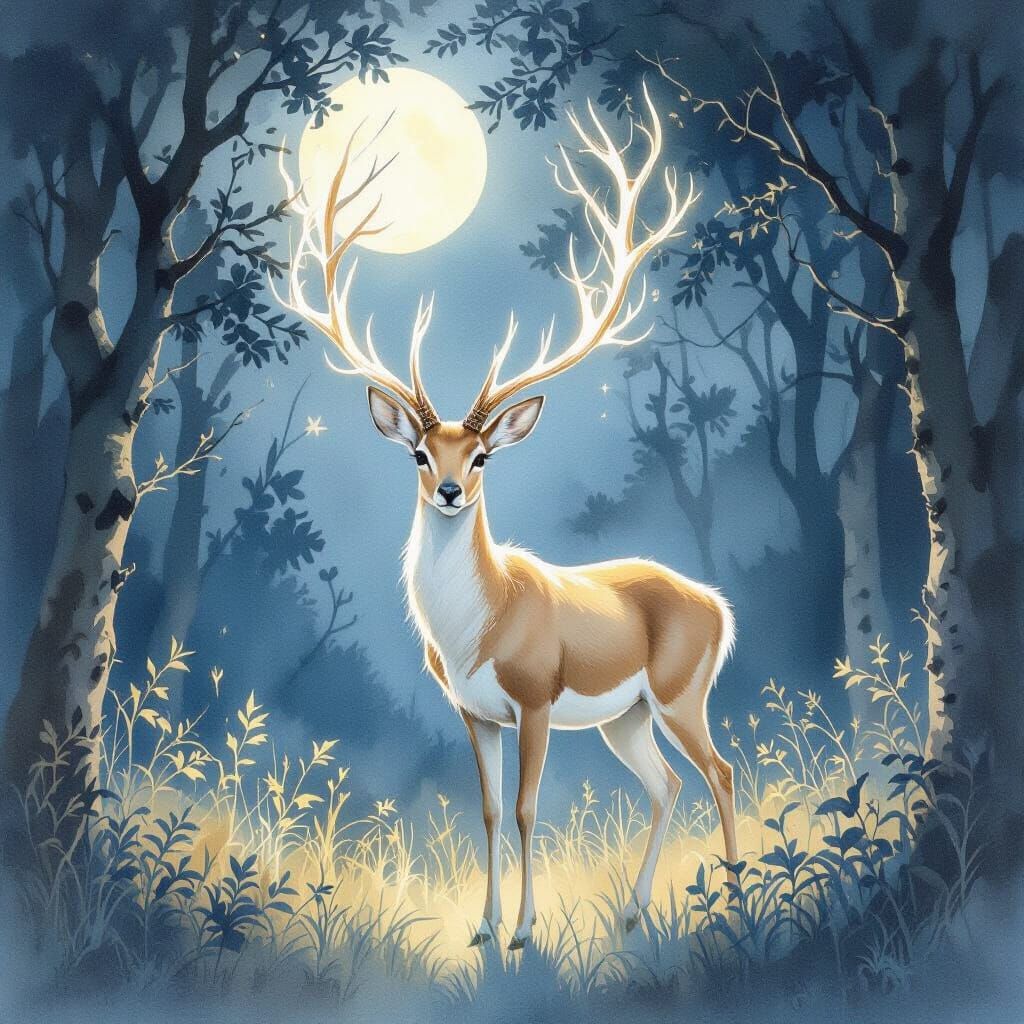 Majestic Gazelle with Glowing Antlers in Moonlit Forest
