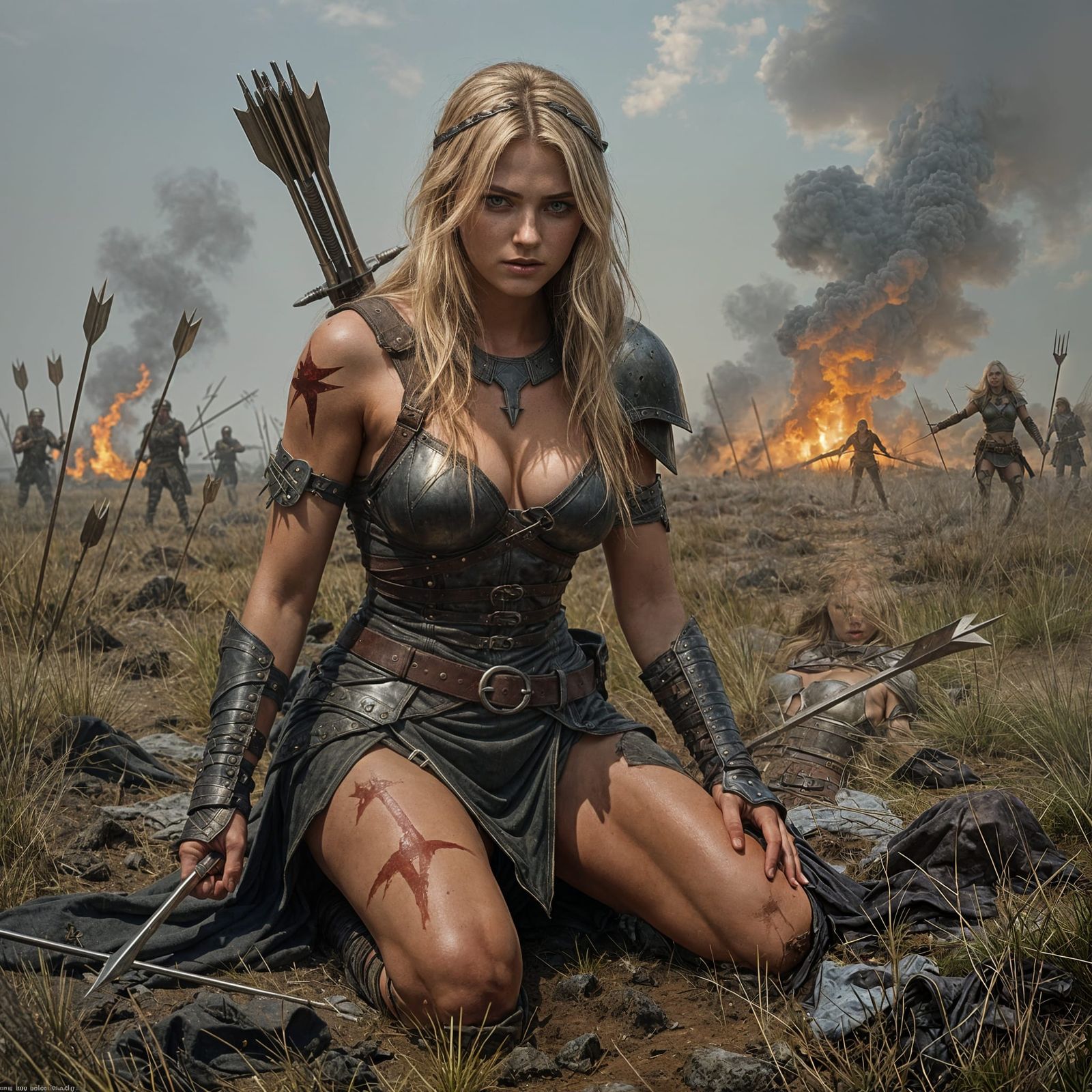 Sensual Shield Maiden Wounded on Battlefield