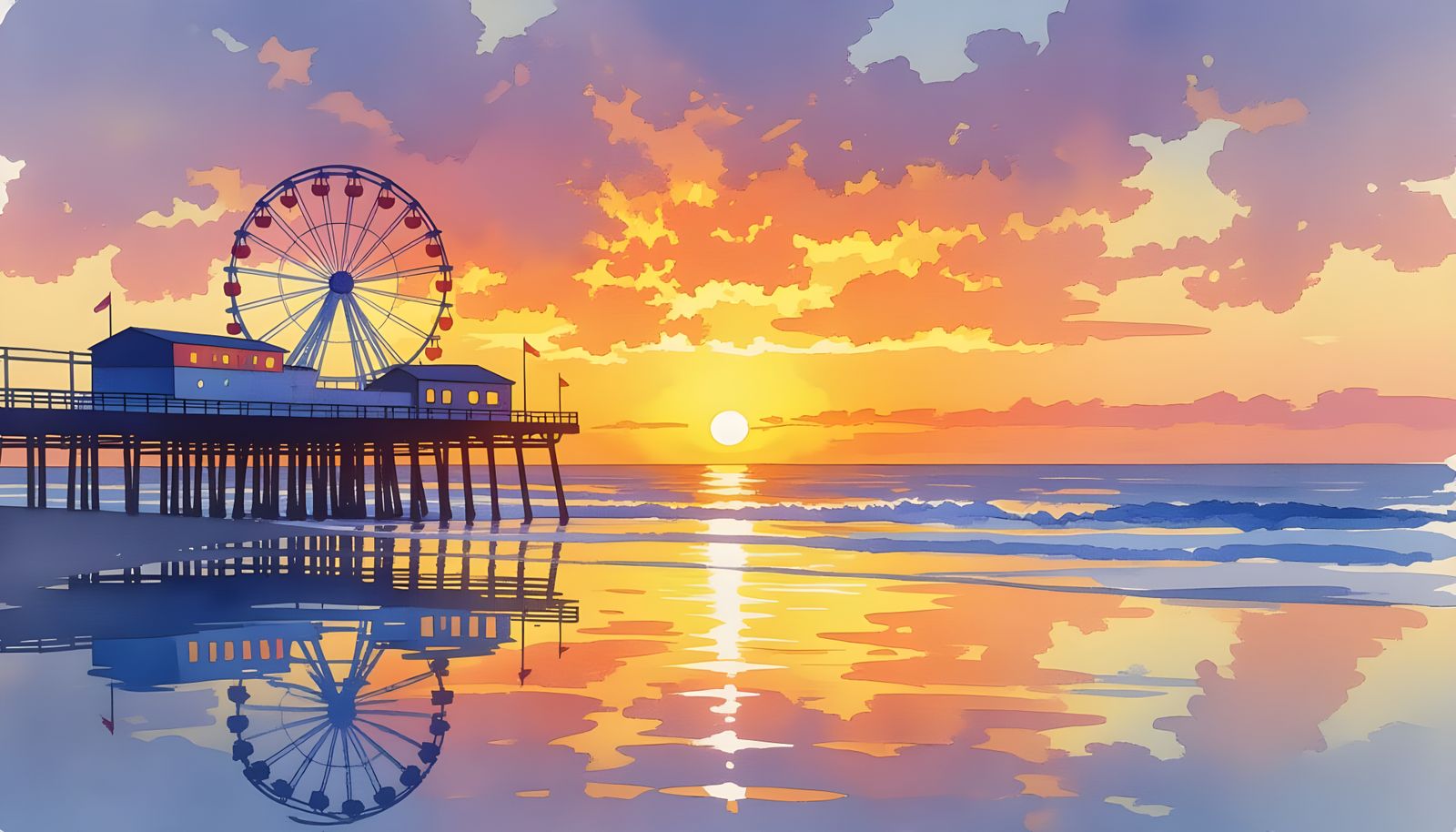 Atlantic City Steel Pier Sunset in Watercolor