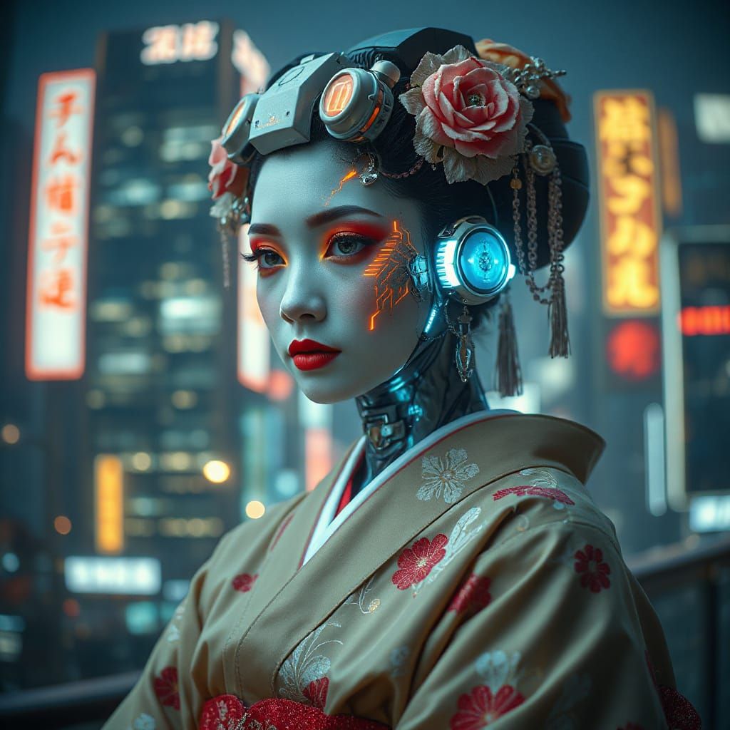 Cybernetic Geisha with Neon Accents in Impressionistic Style
