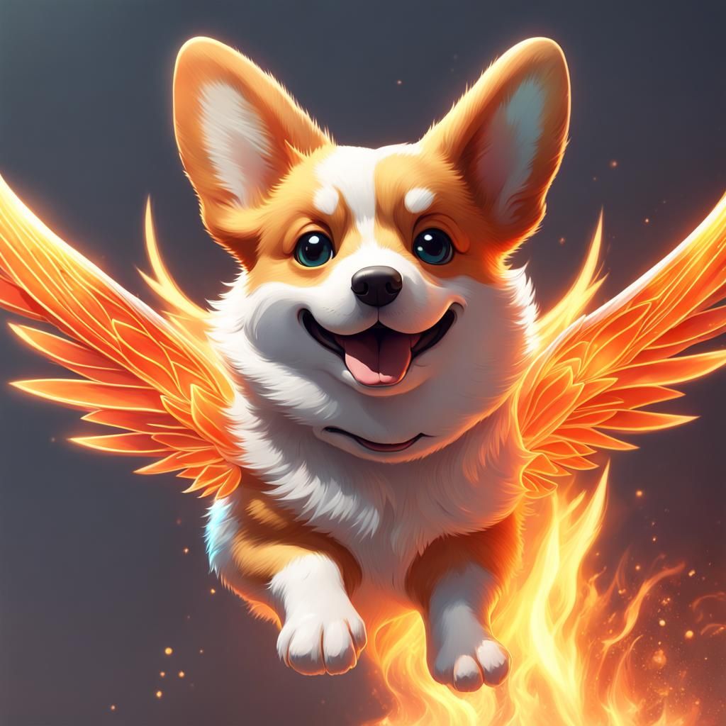 Flying Corgi with Fire Wings: Detailed Digital Art