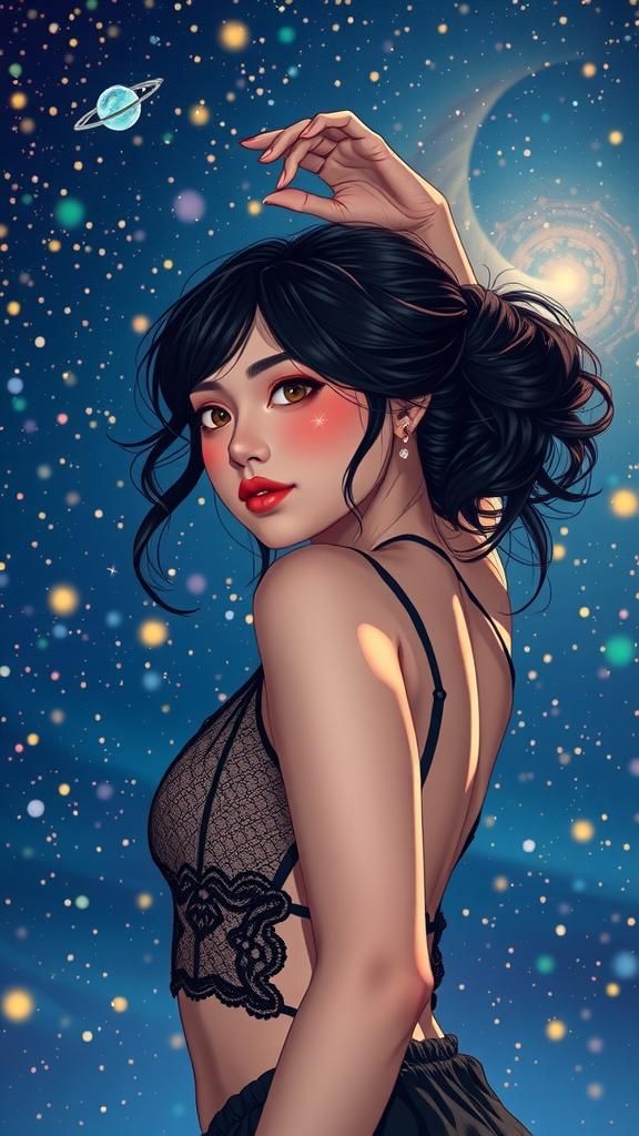 Breathtaking Woman Embracing Starry Sky in Digital Art