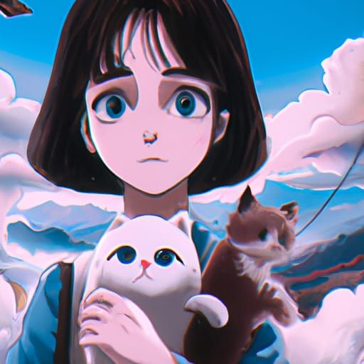 Enid and Wednesday with Kittens, Ghibli Anime