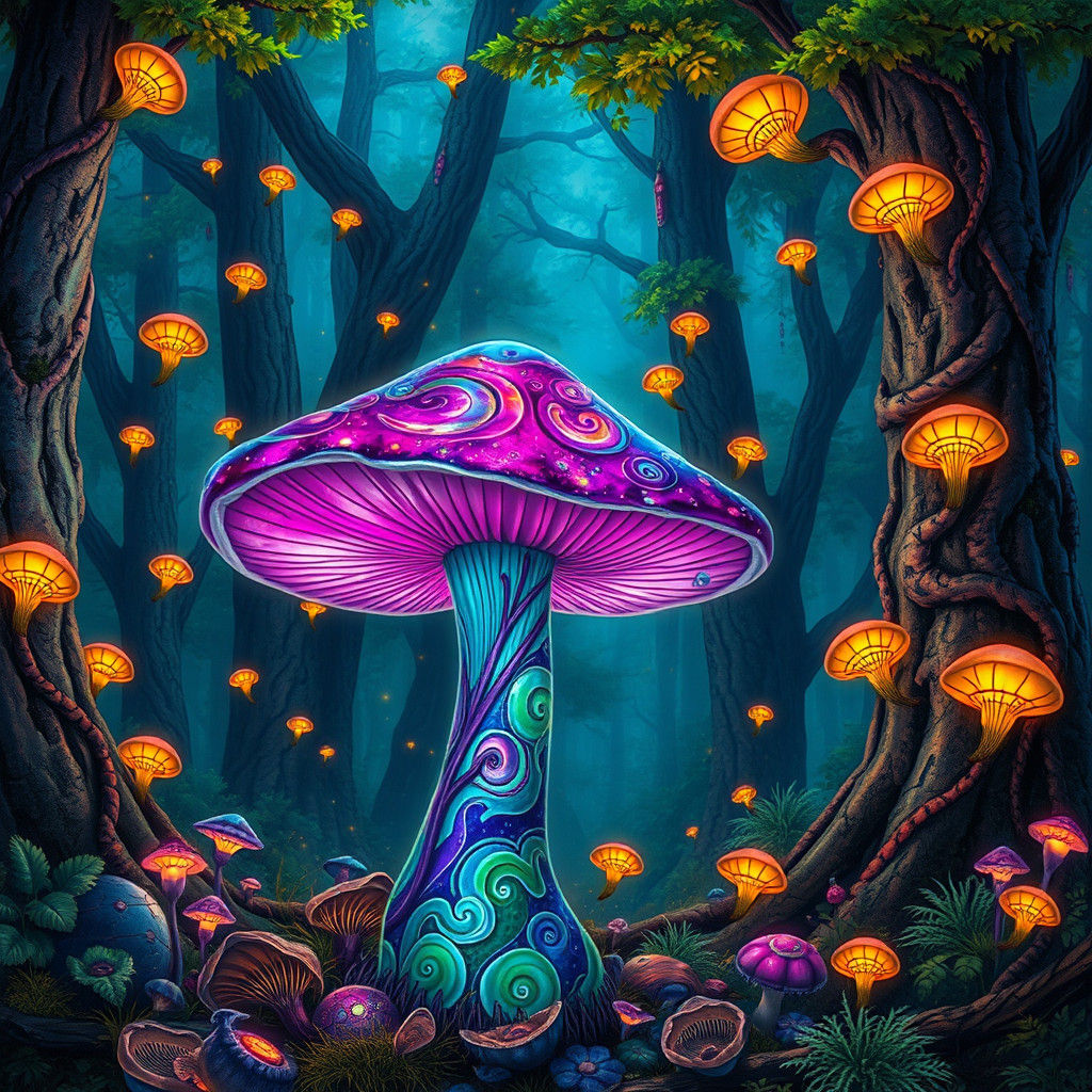 Glowing Mushroom in Whimsical Forest, Dreamlike Art
