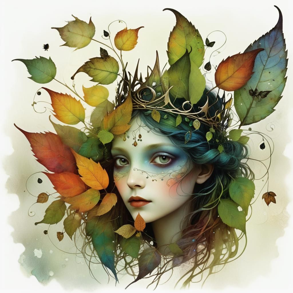 Enchanting Portrait with Leaf Crown in Oil Painting Style