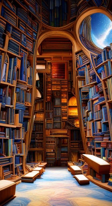 16k resolution, celestial library floating in the ether of s...